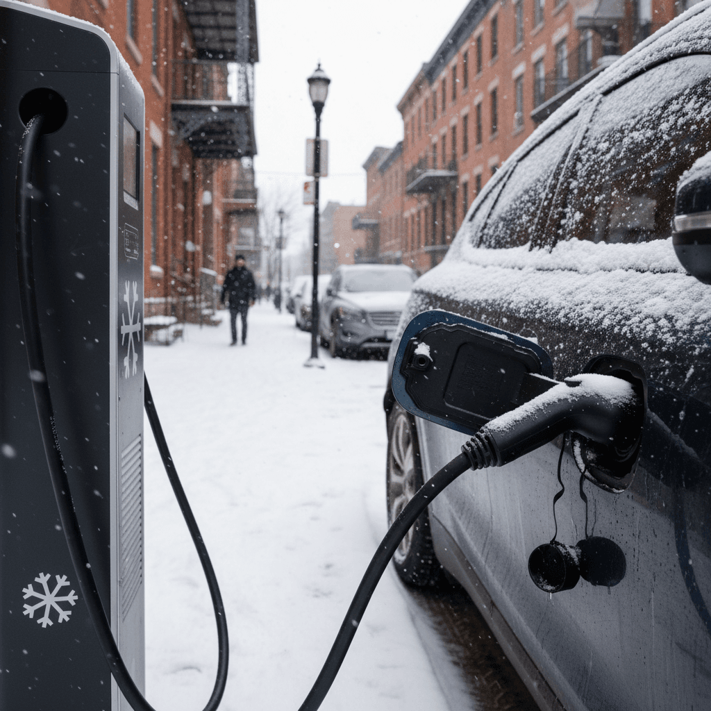 Electric vehicles charging at a public station on a snowy Canadian city street