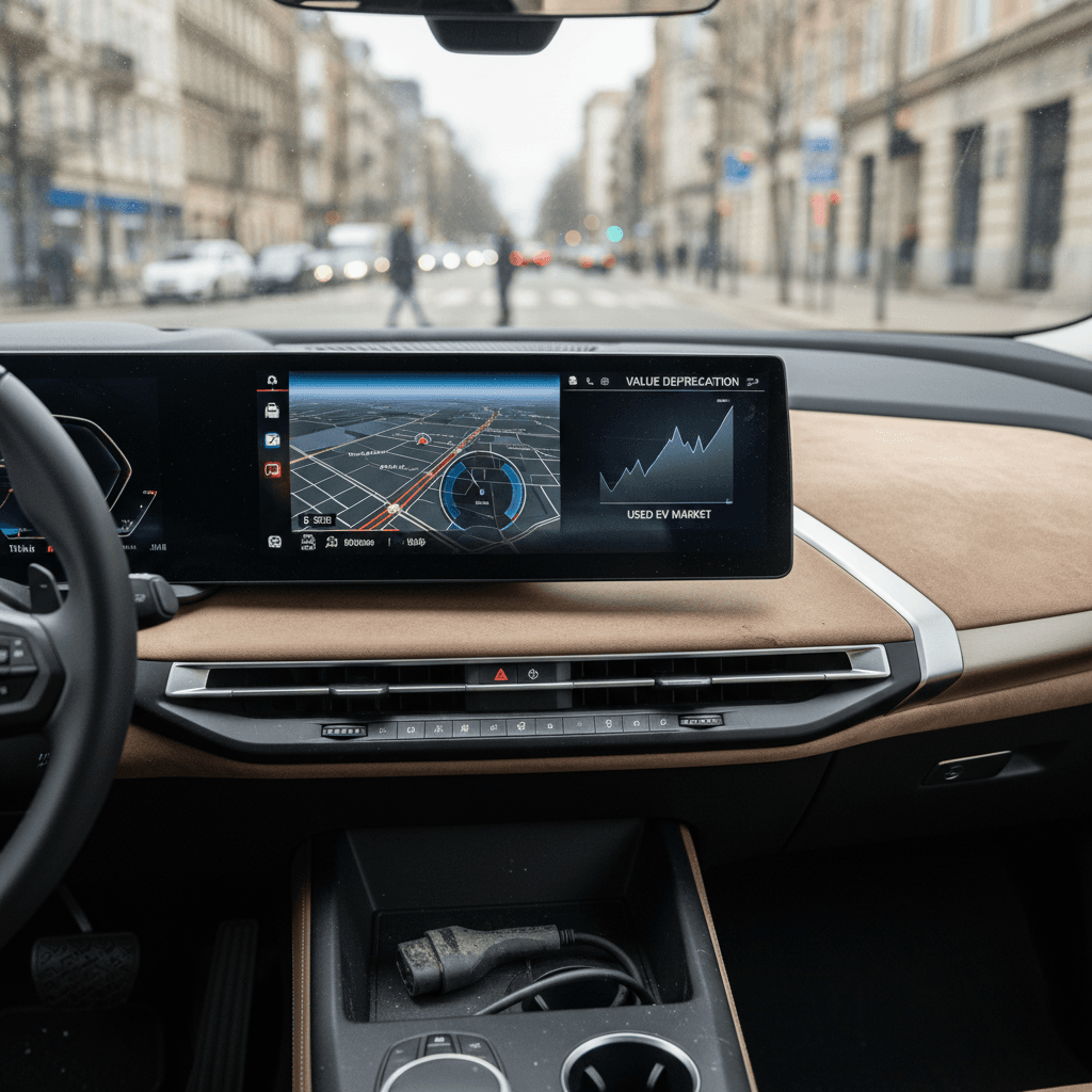 Modern BMW iX interior showing digital cockpit and city street outside, illustrating everyday life with a used luxury electric SUV