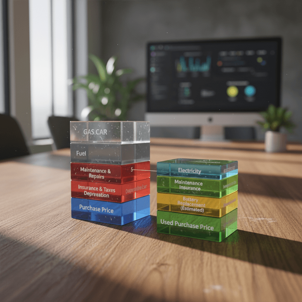 Illustrative chart comparing total cost of ownership components for an electric car versus a gas car over five years