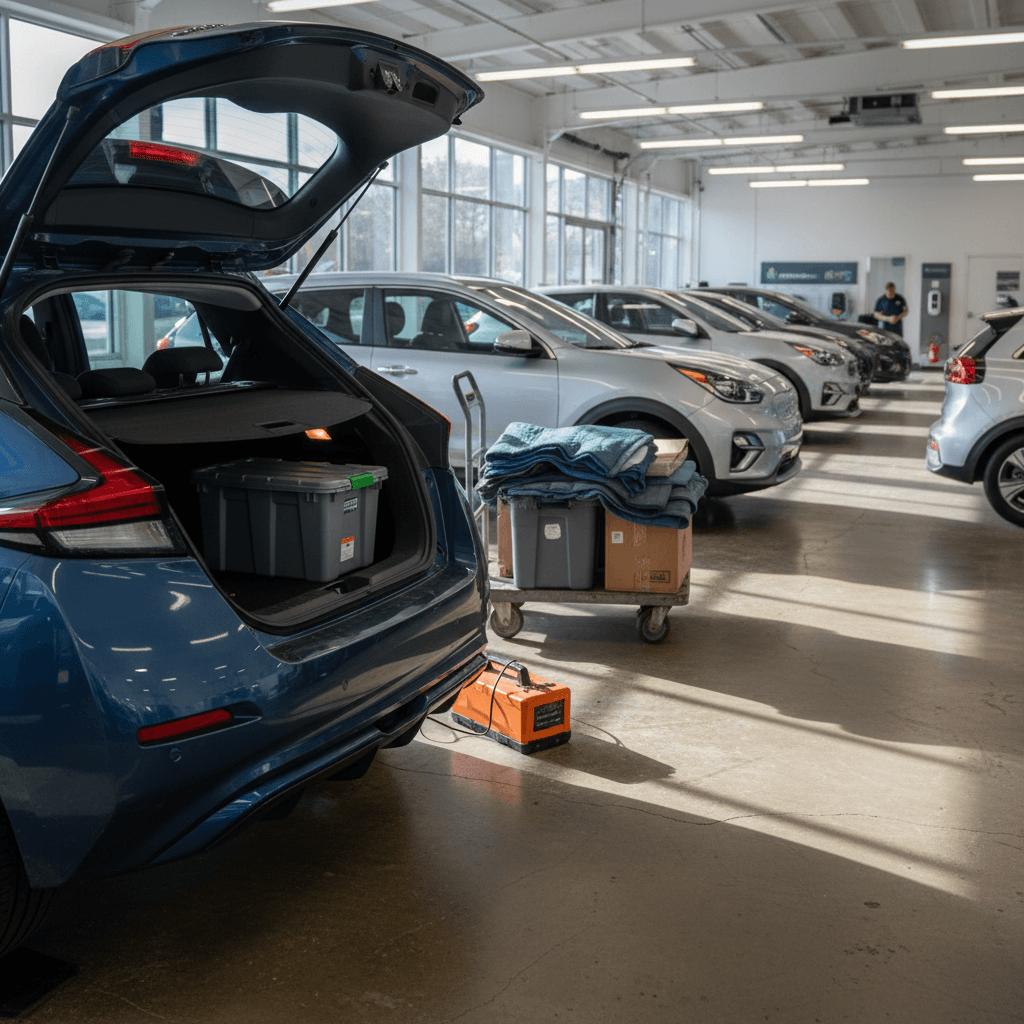 Lineup of used electric hatchbacks and crossovers suitable for small business owners in an indoor showroom