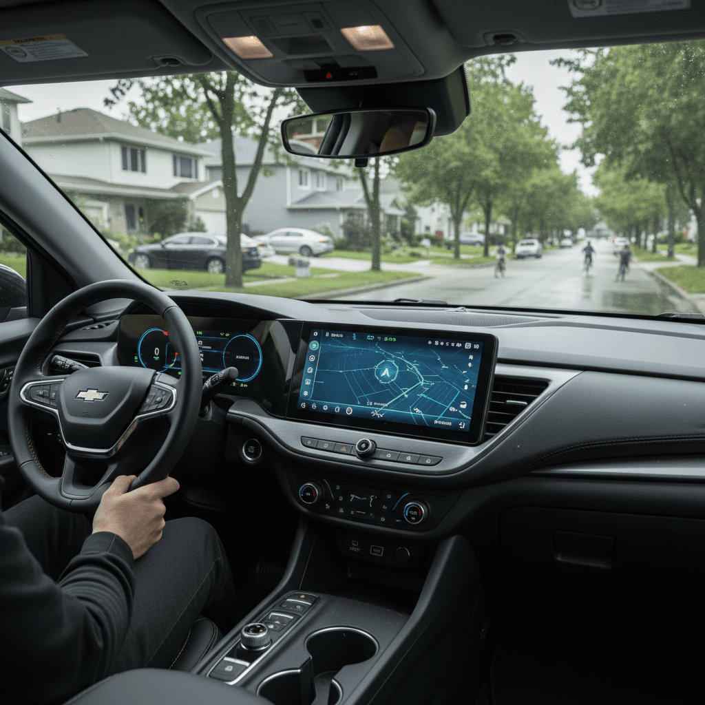 Driver behind the wheel of a Chevrolet Equinox EV cruising through a suburban neighborhood, digital cockpit and quiet ride highlighted