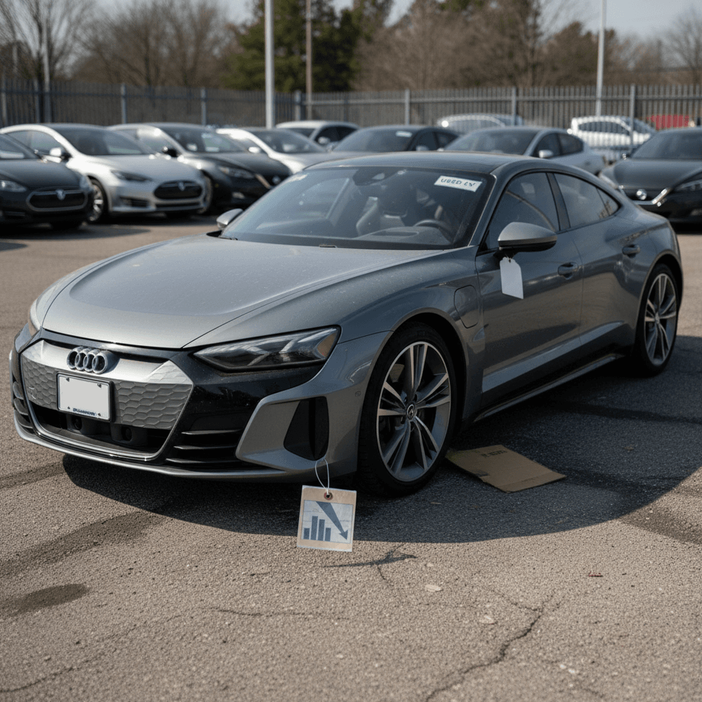 Used Audi e-tron GT parked at a dealership with charging station visible, highlighting its appeal as a three-year-old performance EV