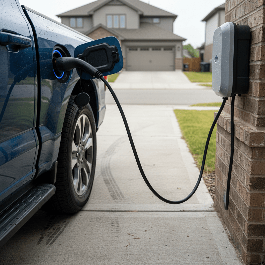 Ford F-150 Lightning plugged into a home Level 2 charger in a residential driveway