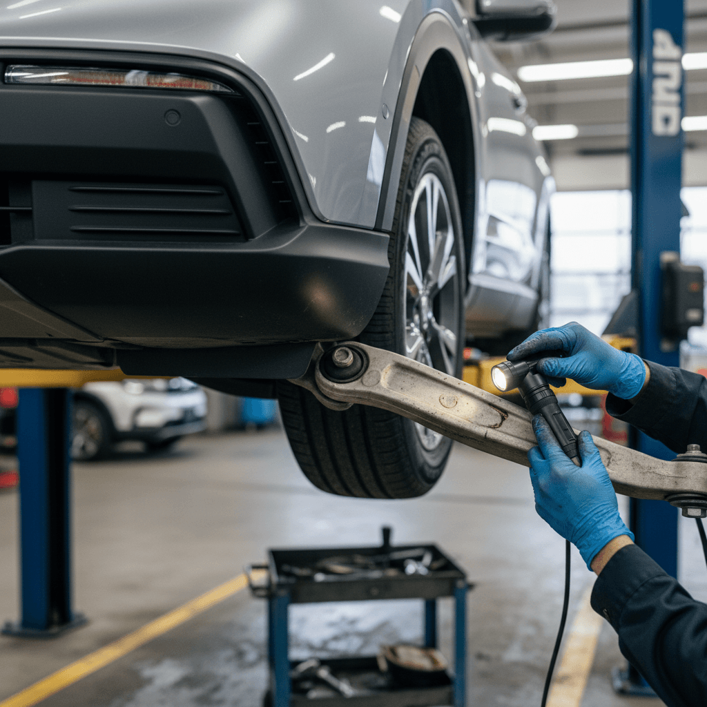 Technician inspecting the front suspension control arm of a modern electric SUV on a lift