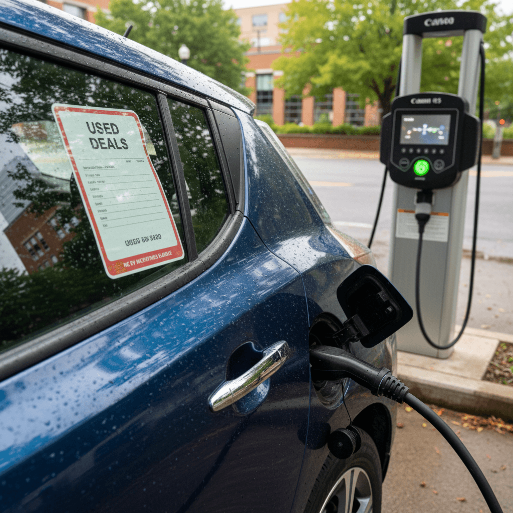 Used electric vehicles charging at a public station in Raleigh with price tags visible on the windshields
