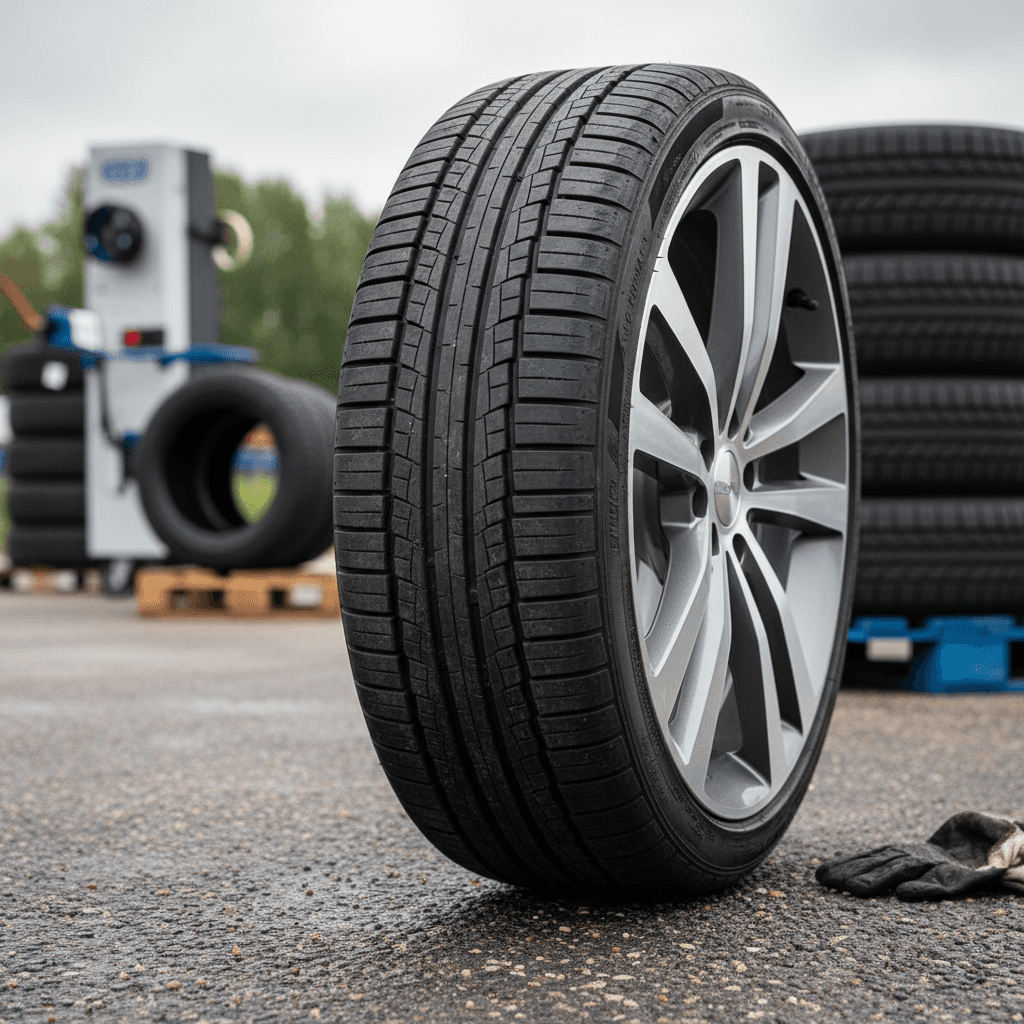 Closeup of an electric car’s low rolling resistance tire tread on pavement