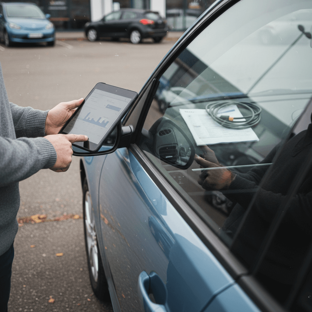 Family inspecting a used car at a dealership lot, comparing affordable vehicles under $20K