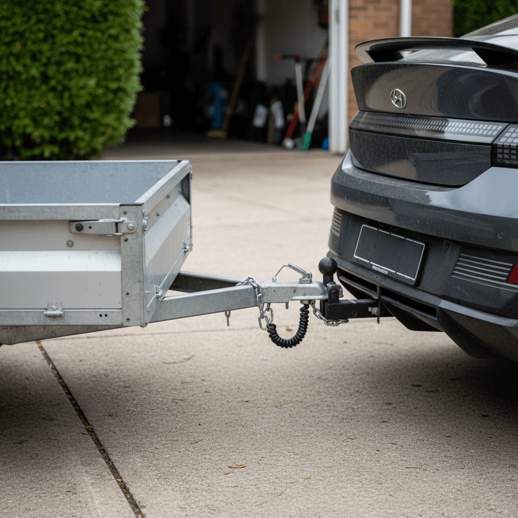 Hyundai Ioniq 6 with an aftermarket trailer hitch attached to a small utility trailer in a residential driveway