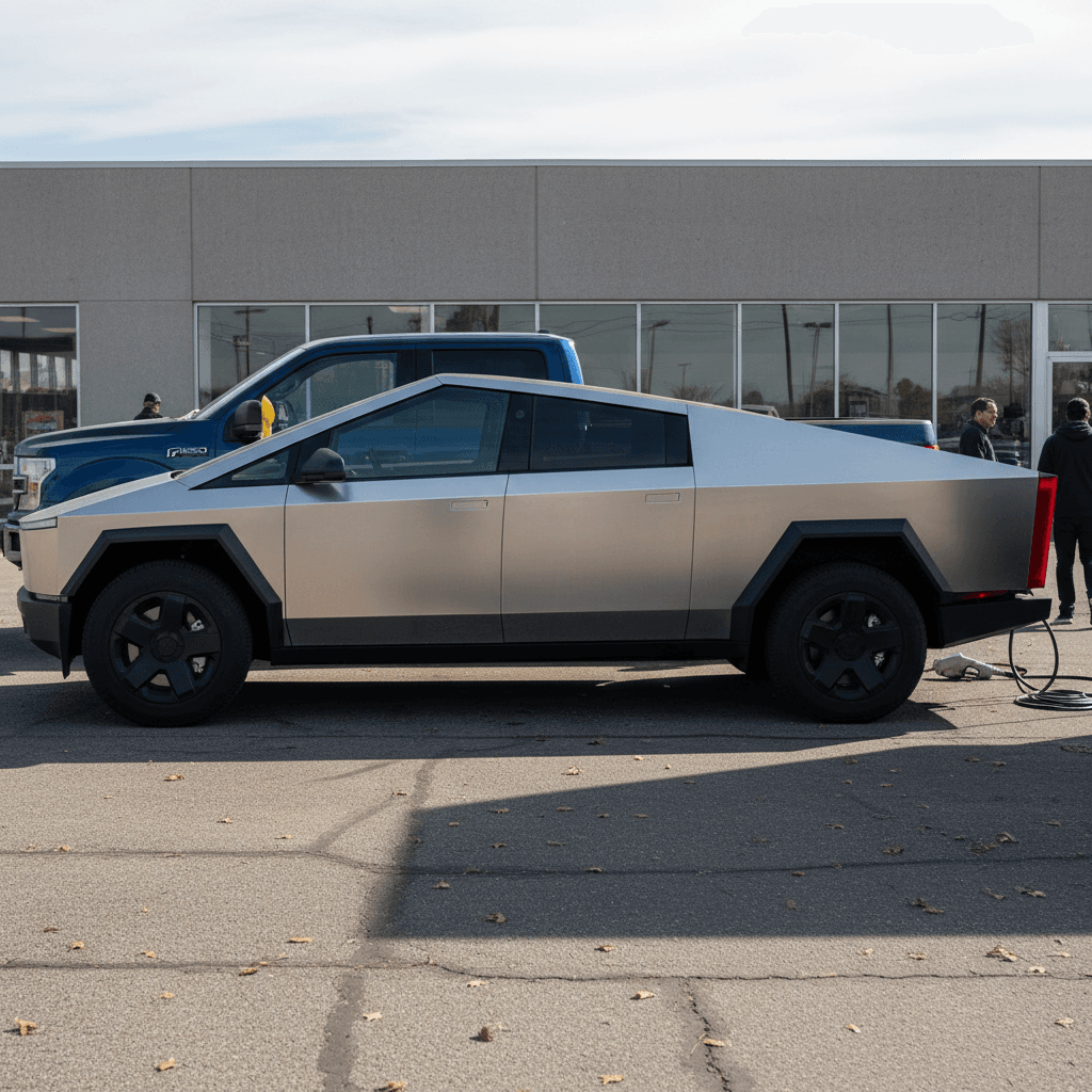 Tesla Cybertruck and a traditional gas pickup truck parked side by side at a dealership, highlighting styling and powertrain differences