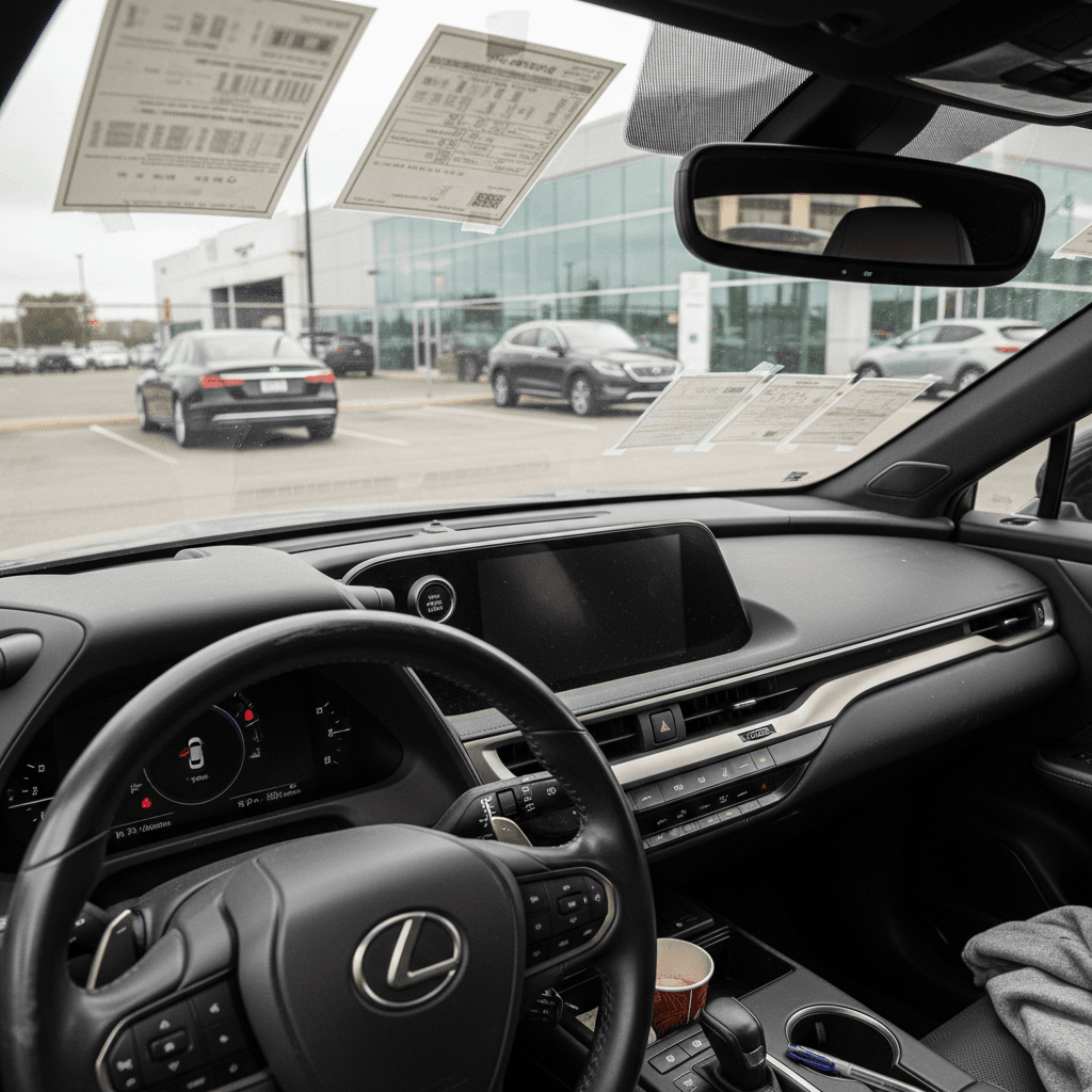 Used Lexus RZ 450e crossovers parked at a dealership, showing how quickly values drop once they hit the used market