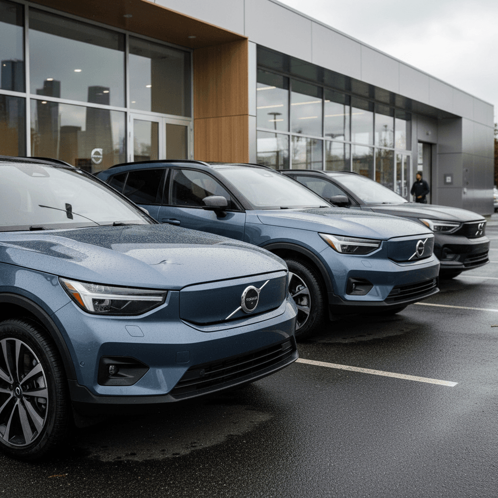Volvo EX30, EX40 and EX90 electric SUVs parked in a row in an urban setting