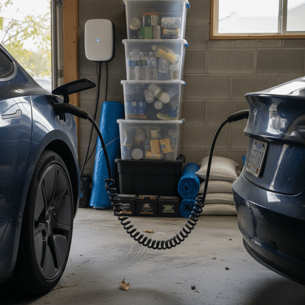 Electric car plugged into a Level 2 charger in a Florida home garage with hurricane supplies stacked nearby