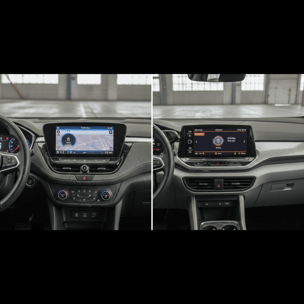 Split interior view comparing the digital cockpit of a Chevrolet Equinox EV and a Volkswagen ID.4
