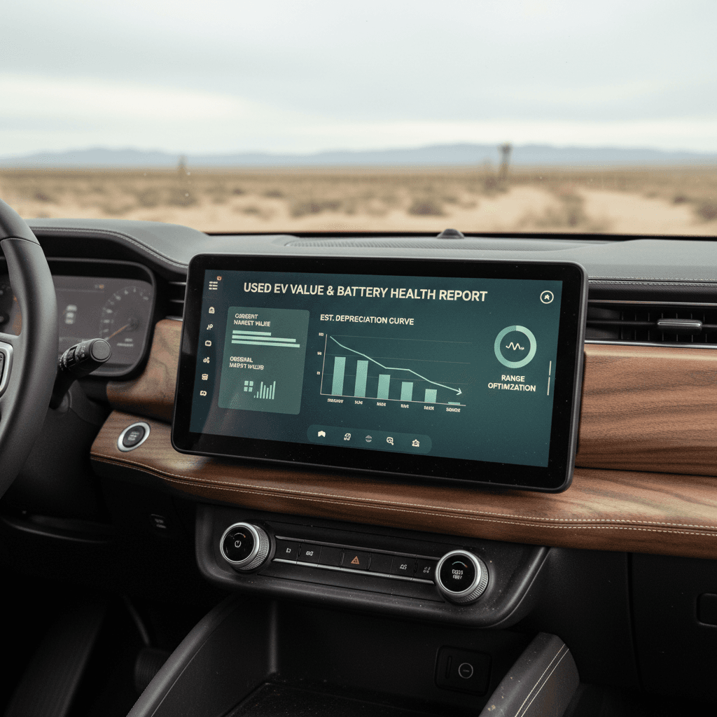 Rivian R1S interior with digital display showing battery health and valuation report side by side