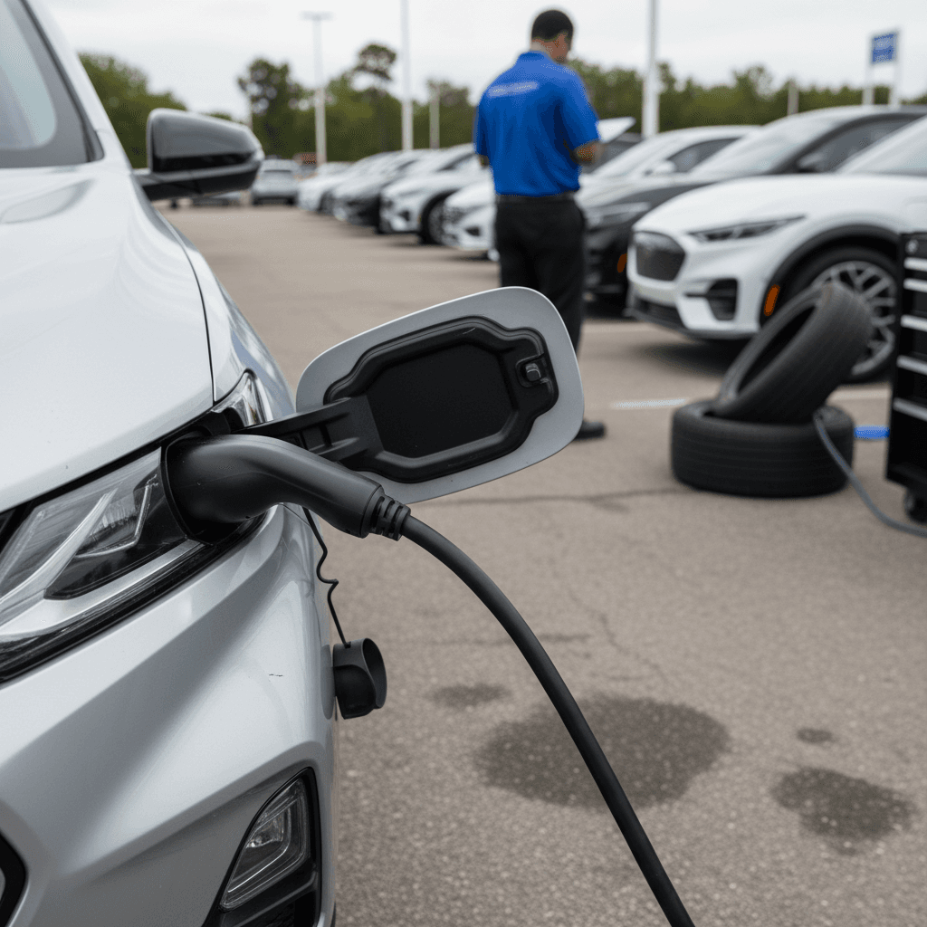 Technician inspecting a used Chevrolet Equinox EV with a charger connected, reviewing battery health data