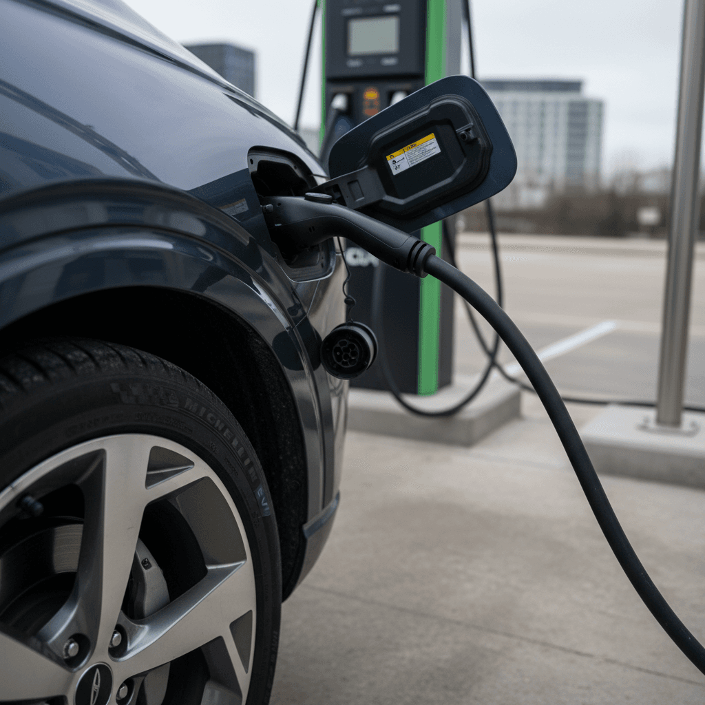 Genesis Electrified GV70 connected to a fast charger showing charge status on the station screen