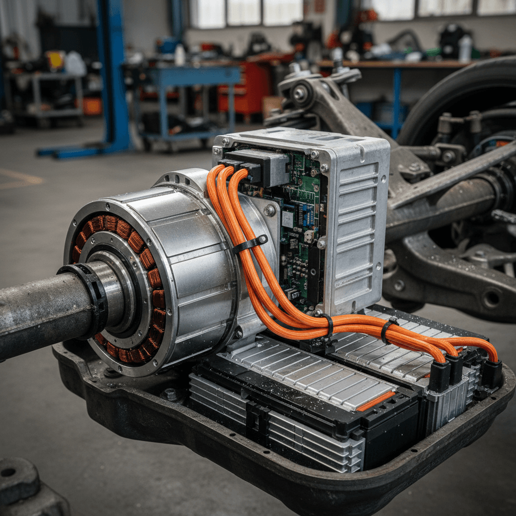 Simplified cutaway view of an EV powertrain showing battery, inverter, and electric motor driving an axle