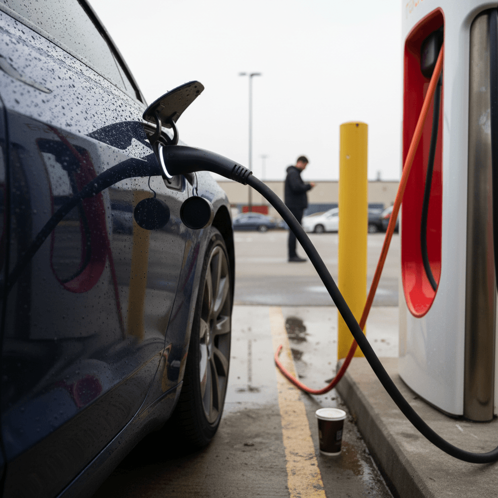 Line of Tesla electric cars parked and charging at Supercharger stalls