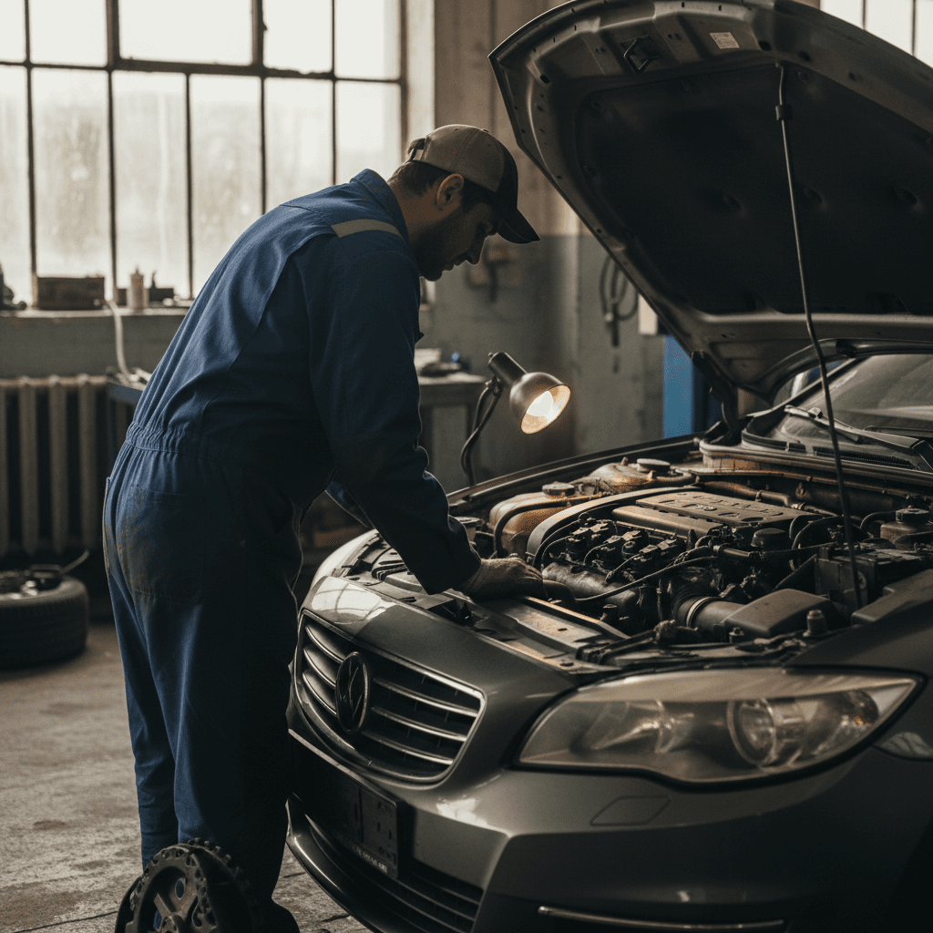 Mechanic inspecting a car engine in a well-lit repair shop bay