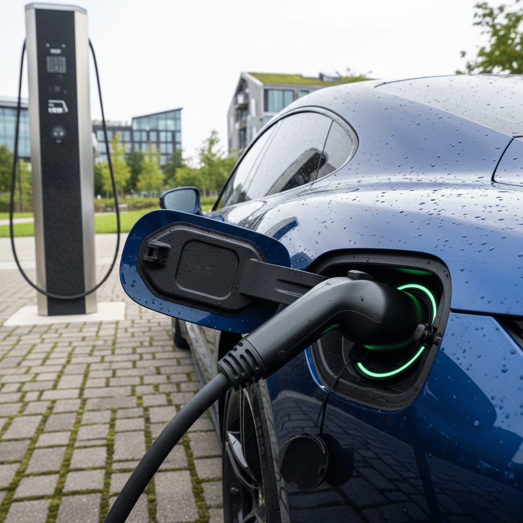 2025 Porsche Taycan plugged into an ultra-fast DC charger during a range and charging test