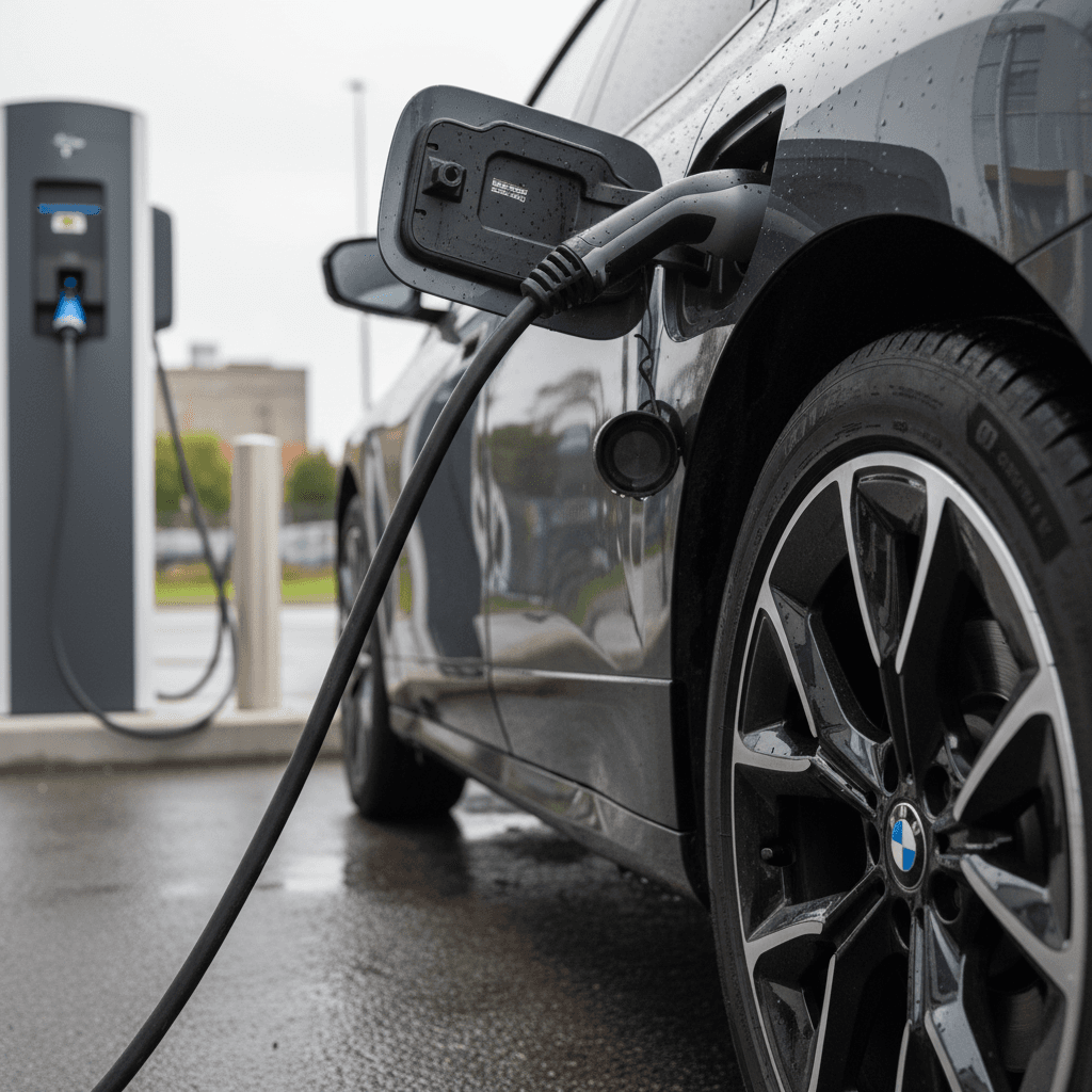 BMW iX plugged into a DC fast charger with close-up of the charging port and wheel
