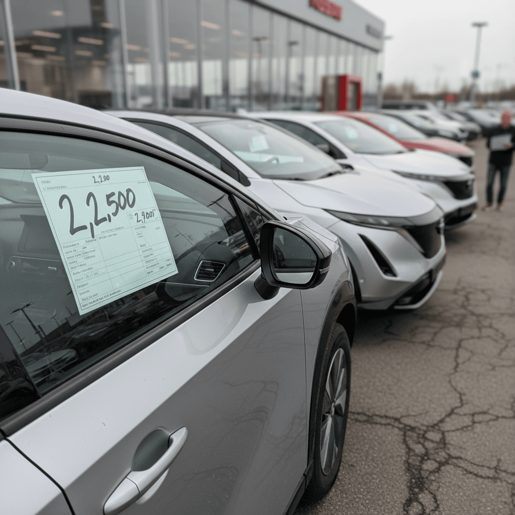Row of used Nissan Ariya electric SUVs parked at a dealership with price stickers in the windows