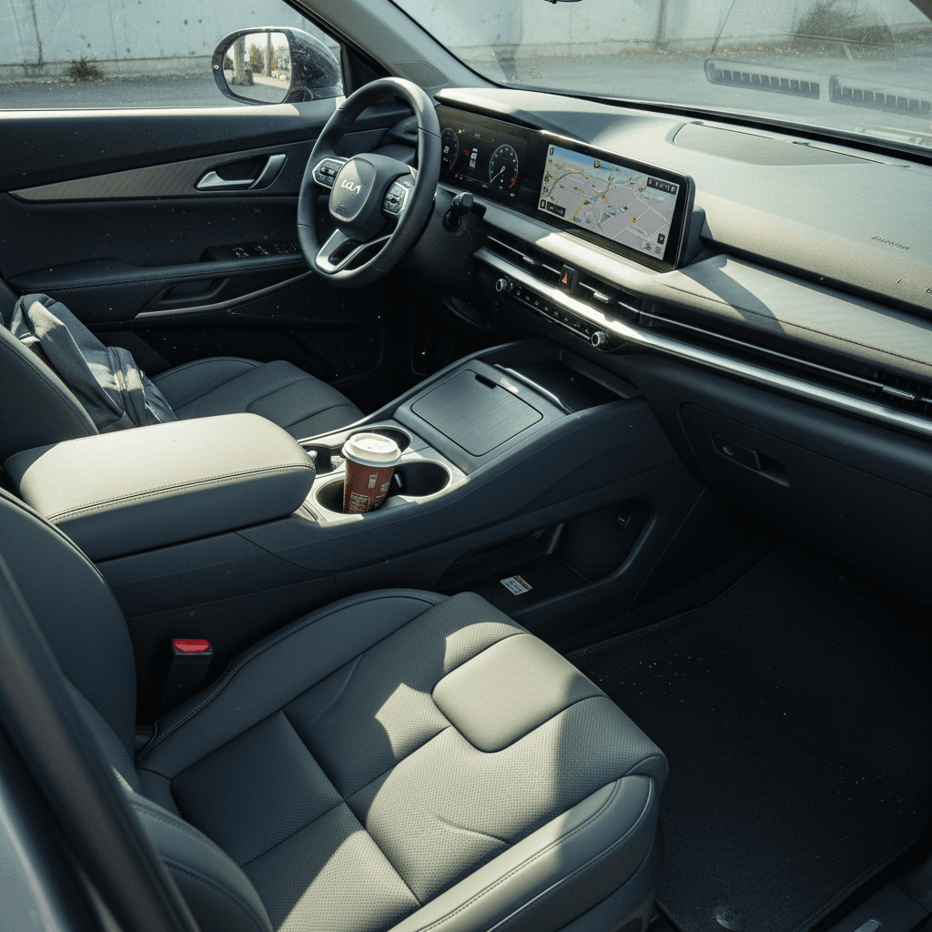 Spacious 2025 Kia EV9 interior showing three rows of seats, panoramic roof, and dual screens