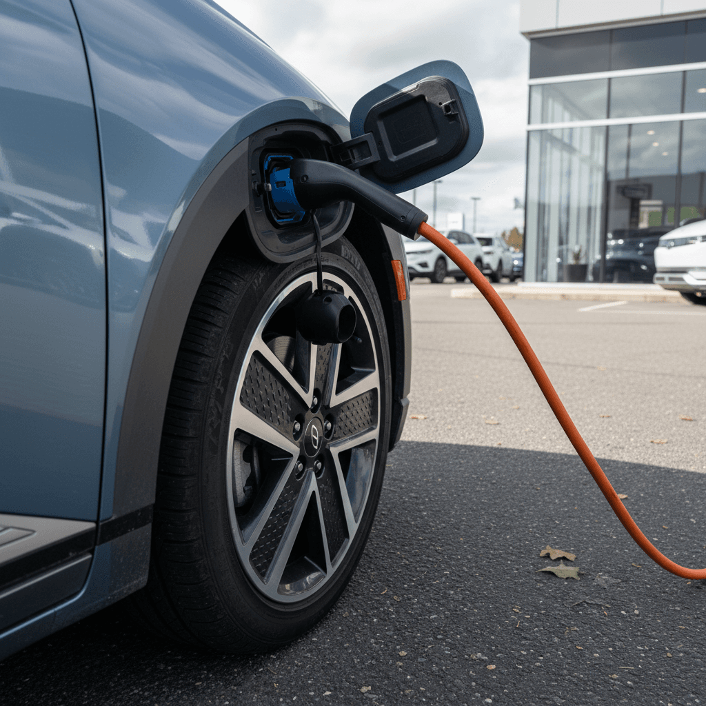 Side view of a 2022 Hyundai Ioniq 5 plugged into a charger in a dealership lot