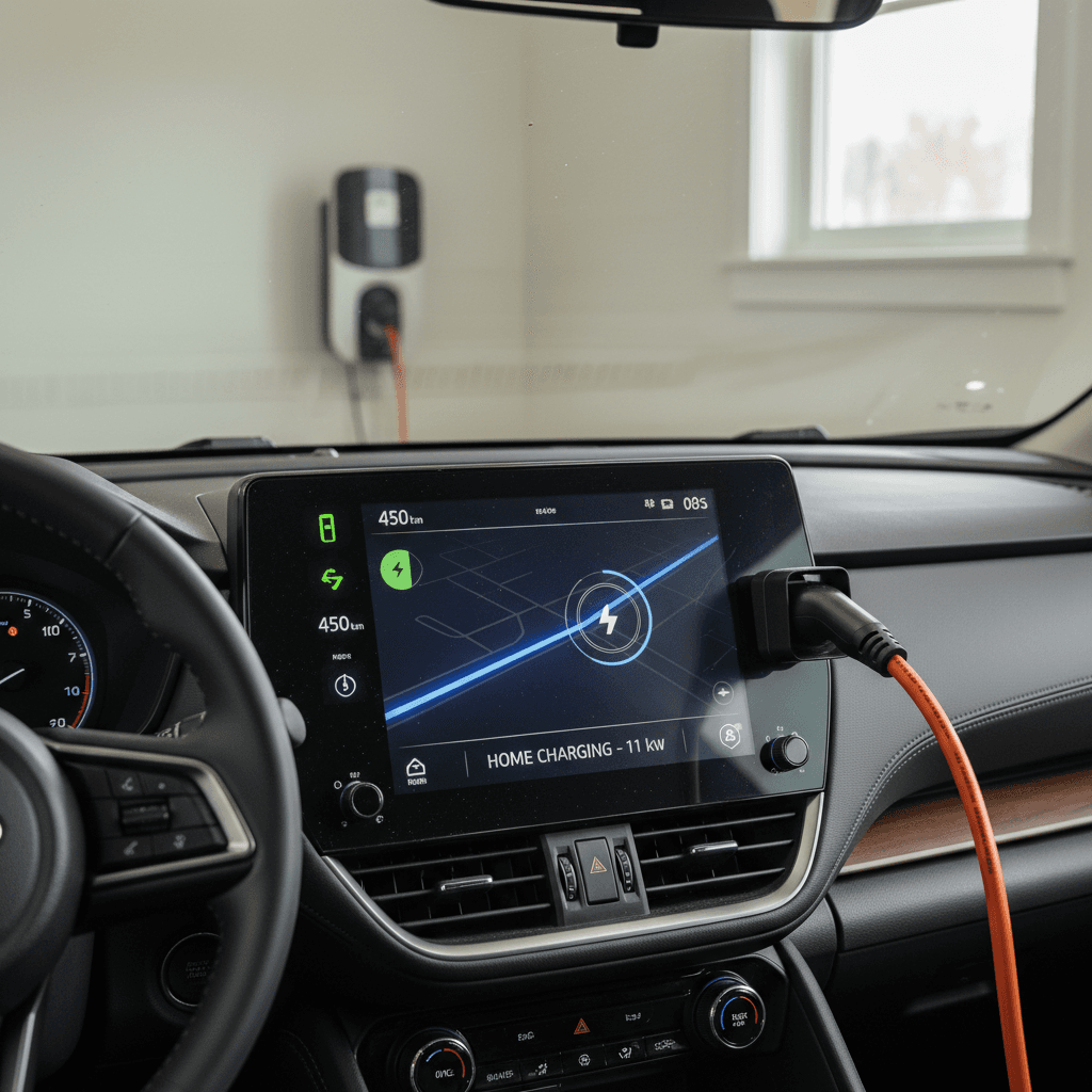 Interior of a 2025 Subaru Solterra plugged in at home, showing its digital instrument cluster and center touchscreen