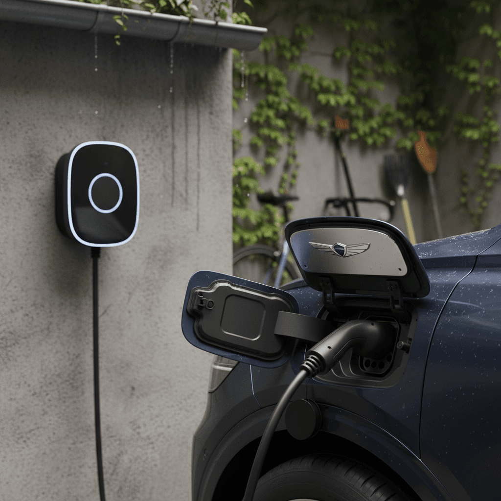 Genesis Electrified GV70 charging at a home Level 2 wallbox in a modern garage