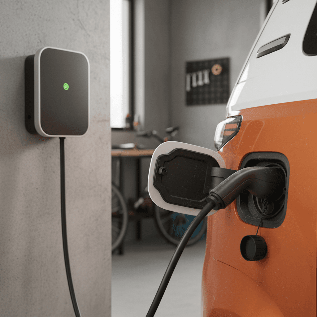 Close-up of a VW ID. Buzz charging port with a cable locked in at a home wallbox