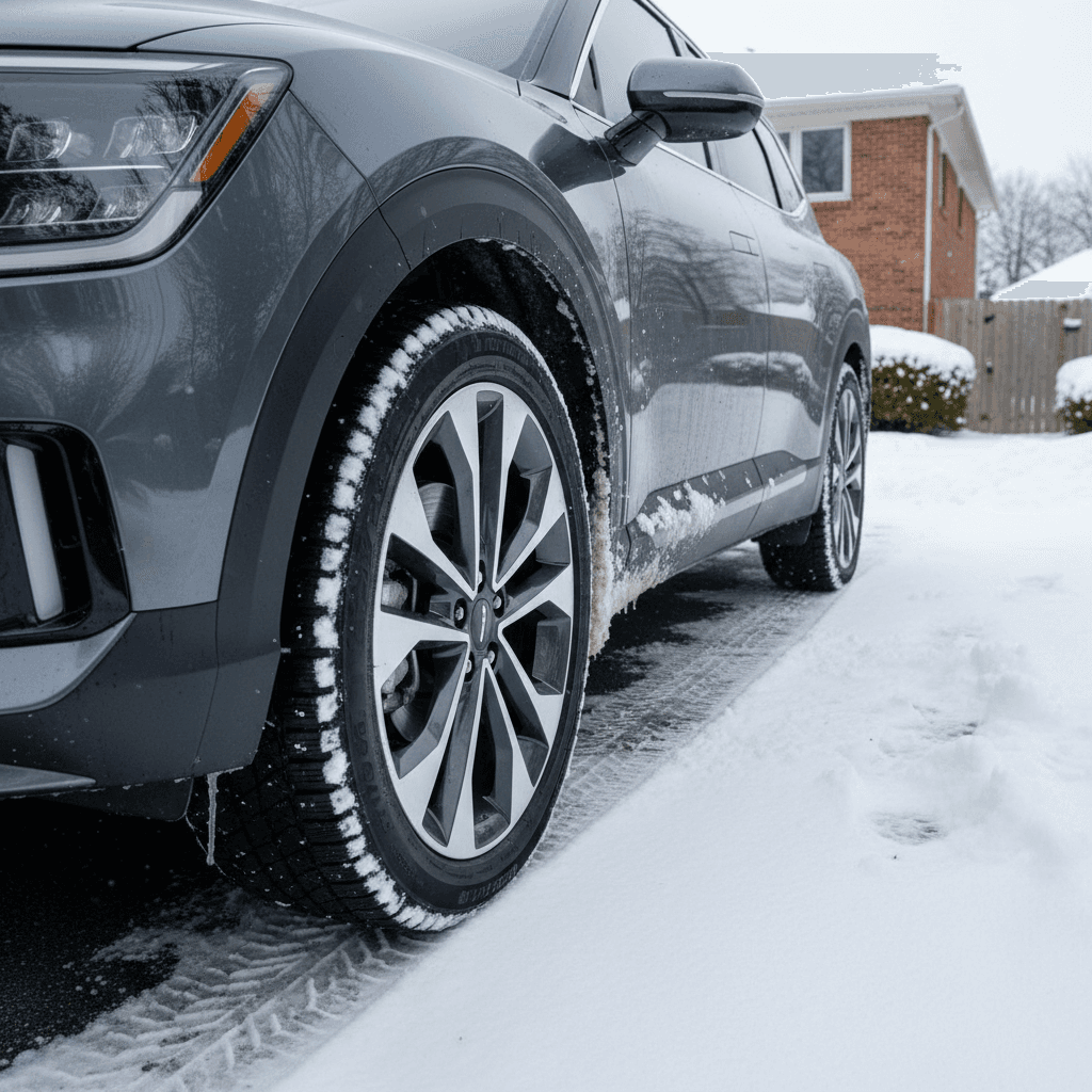 Kia EV9 parked in a snowy driveway, highlighting tire tread and ground clearance around the wheel arches