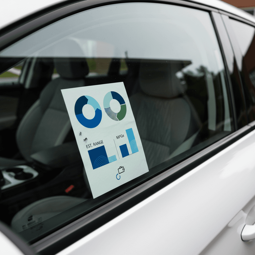 Detail of an electric vehicle window sticker highlighting EPA range and MPGe ratings