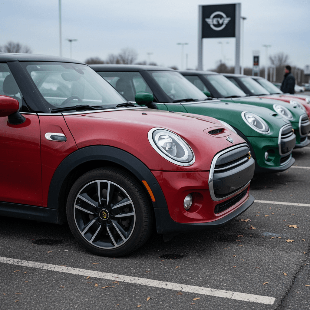 Row of used Mini Cooper SE electric hatchbacks parked on a dealership lot