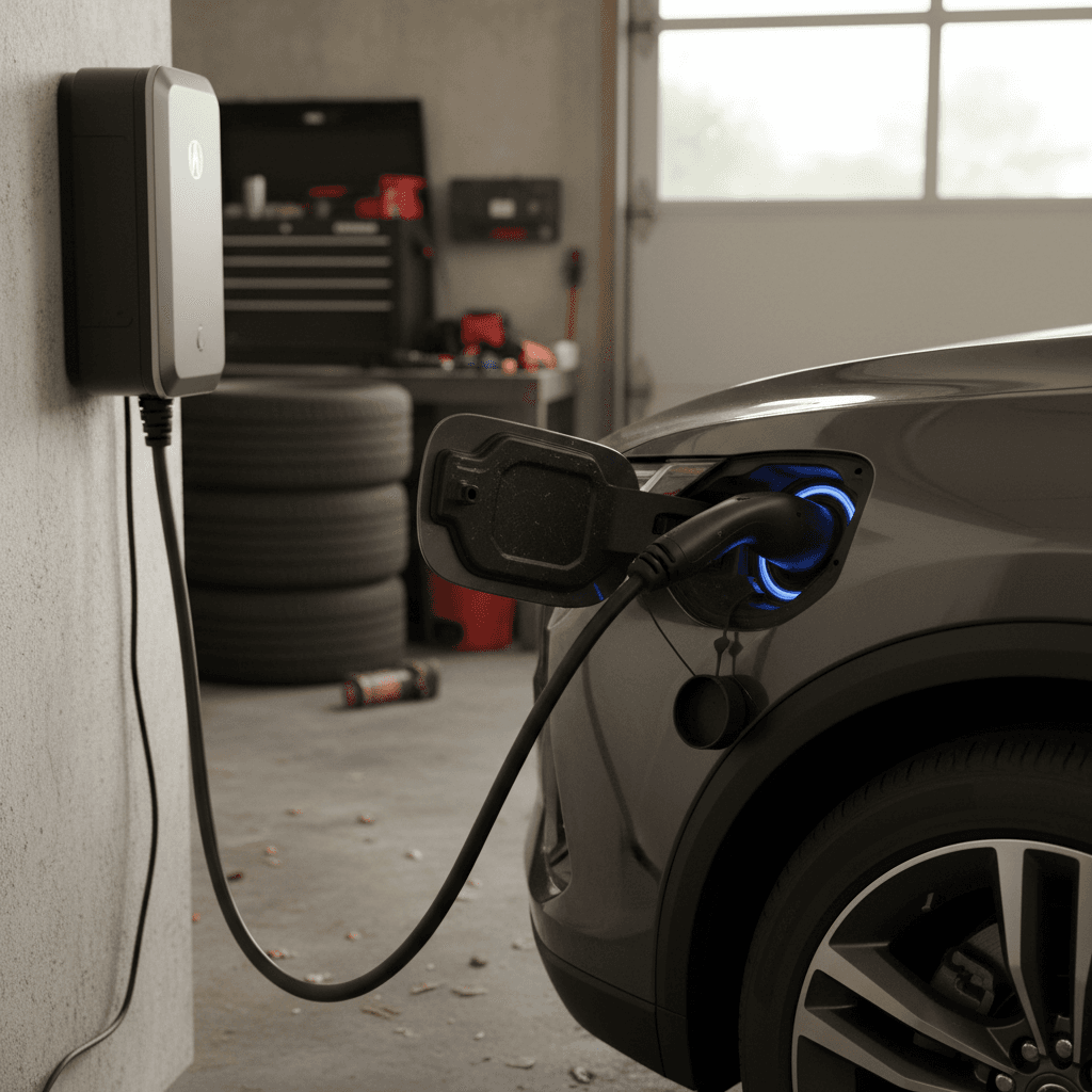 Electric SUV plugged into a Level 2 home charger in a modern garage