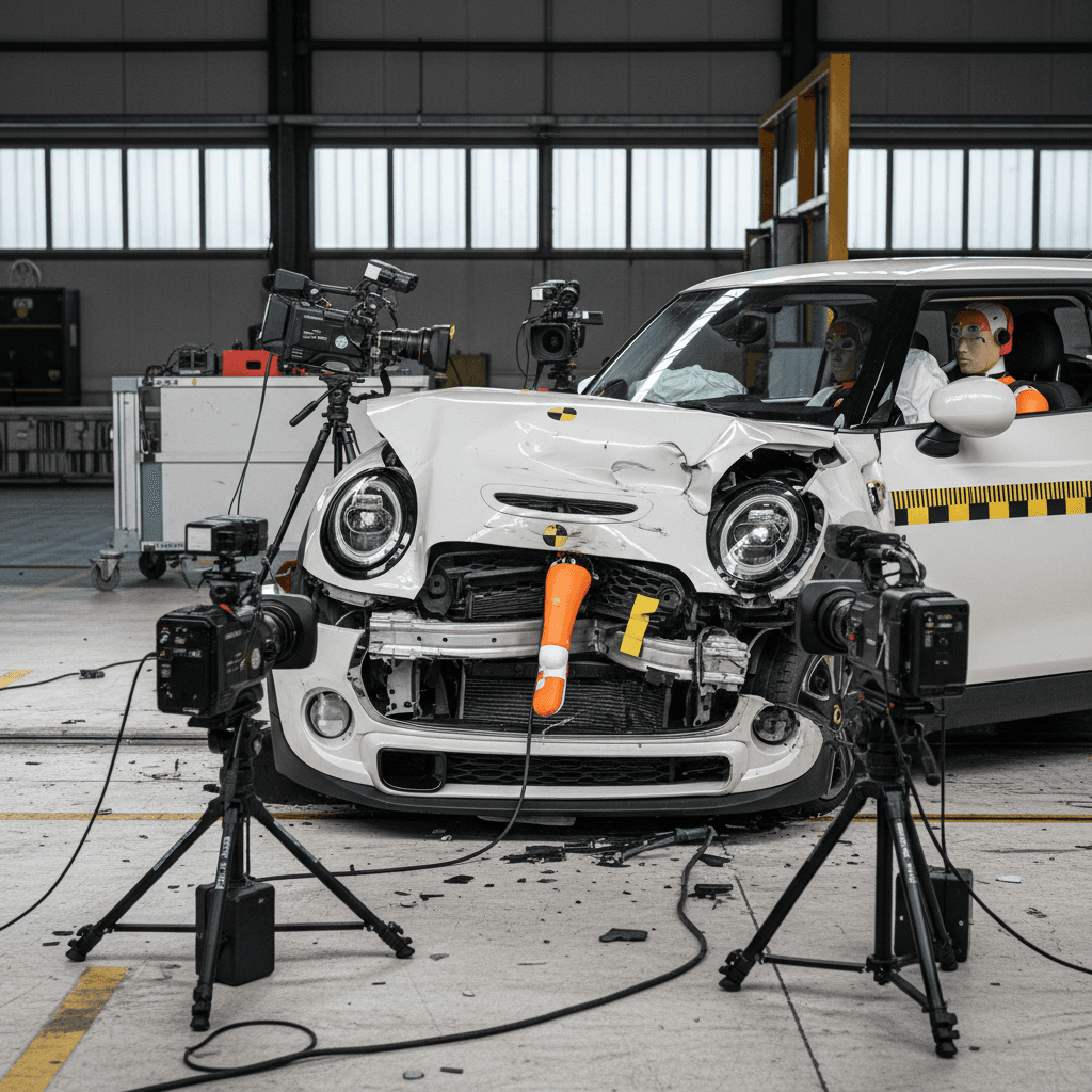 Frontal offset crash test of a small electric hatchback with crash dummies and high-speed cameras