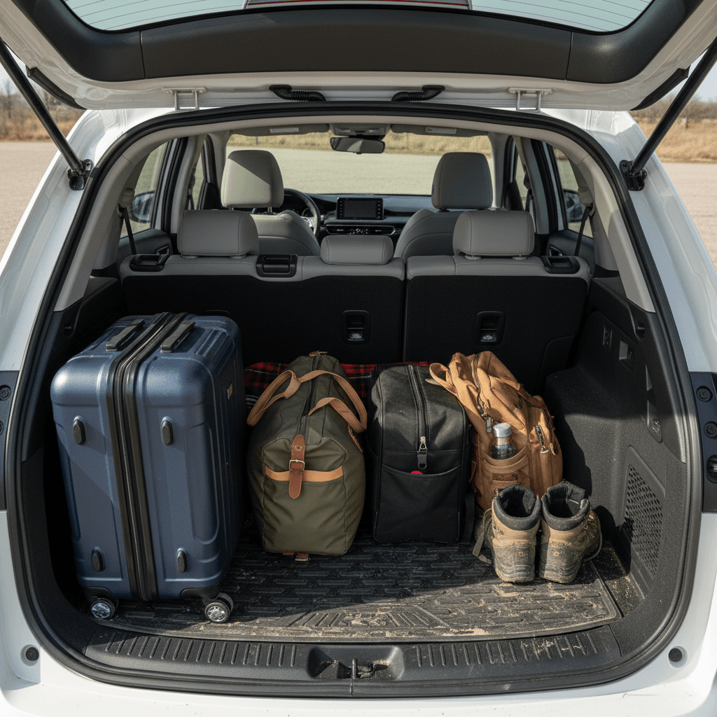 Honda Prologue cargo area seen from above with rear seats up and a mix of suitcases, grocery bags, and a stroller neatly arranged