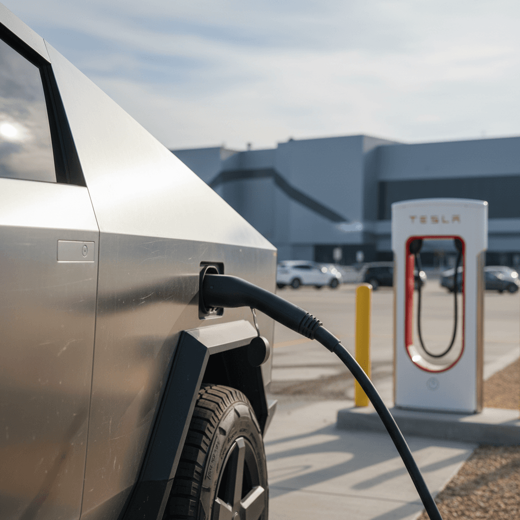 Tesla electric vehicles moving along a modern factory assembly line