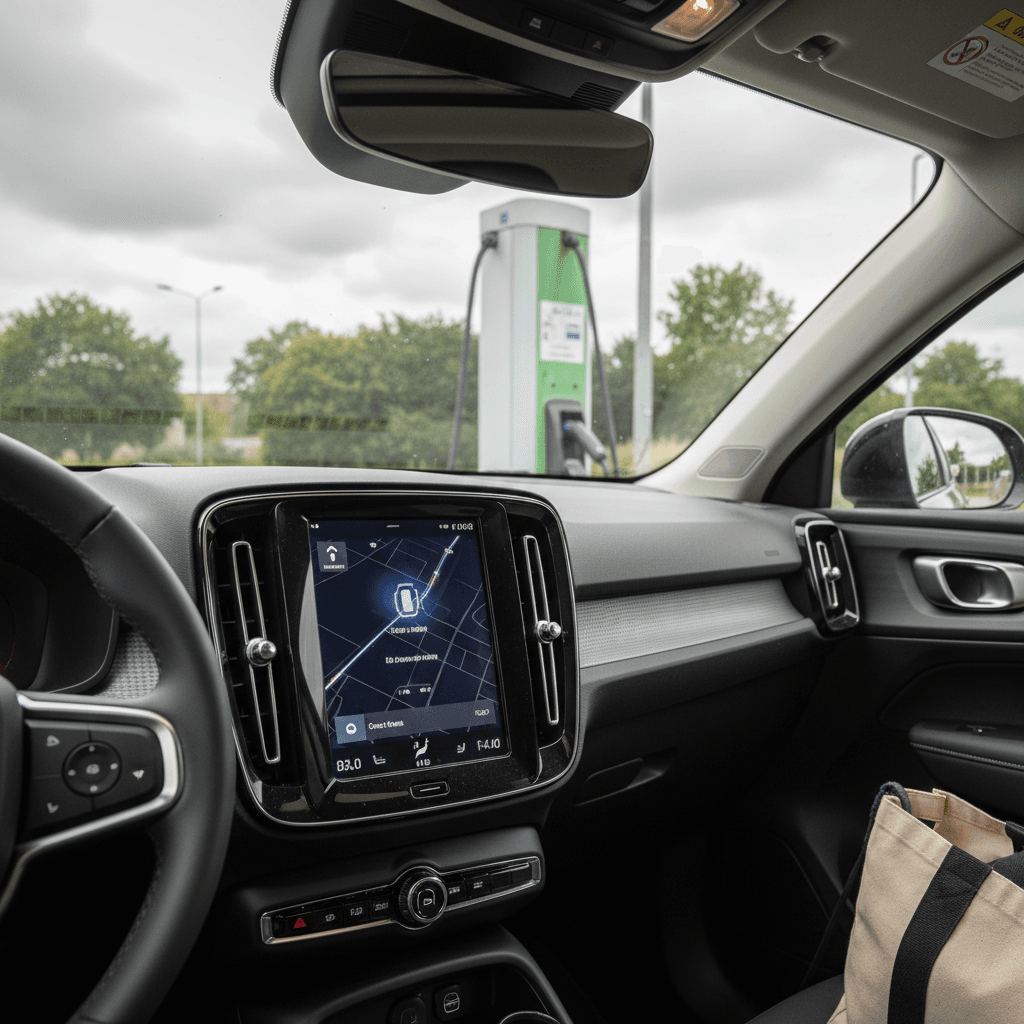 Volvo EX30 interior infotainment screen with charging status shown while connected to a public fast charger