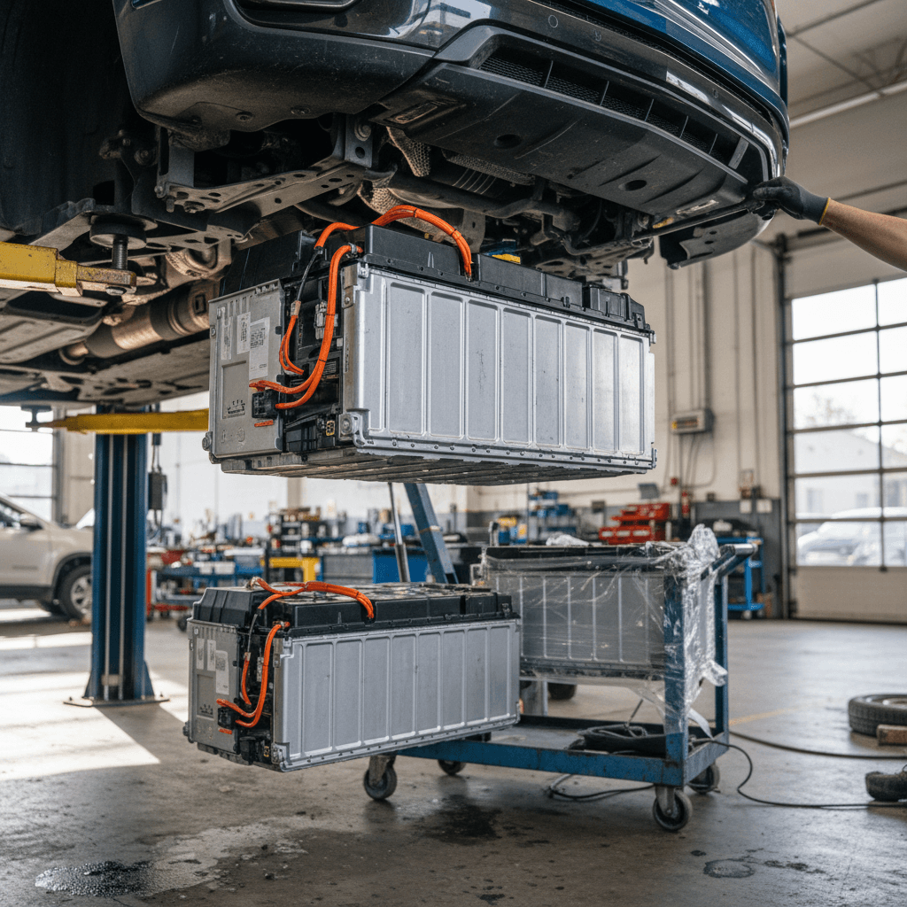 View of an electric SUV’s underbody showing the large structural battery pack integrated into the floor