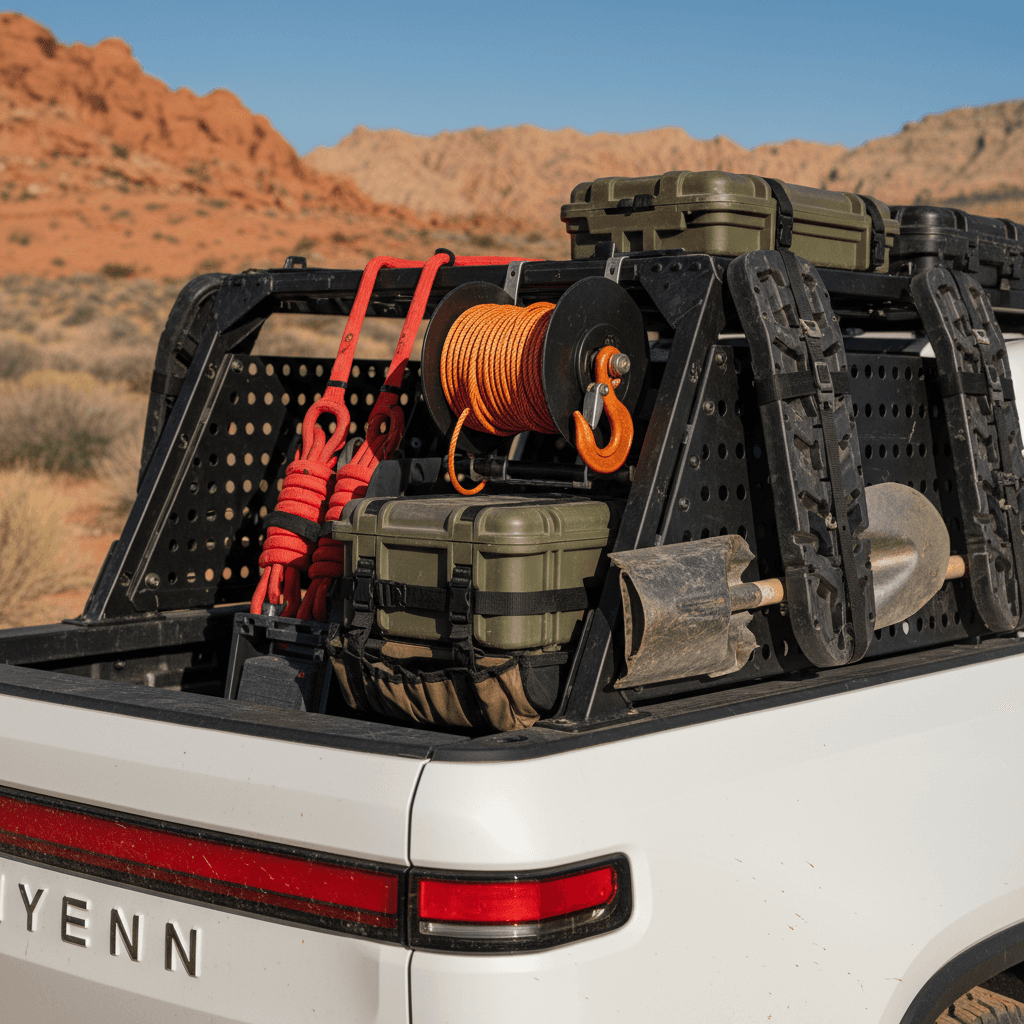 Rivian R1T bed rack and MOLLE panel system loaded with recovery boards and storage cases in a rocky outdoor campsite