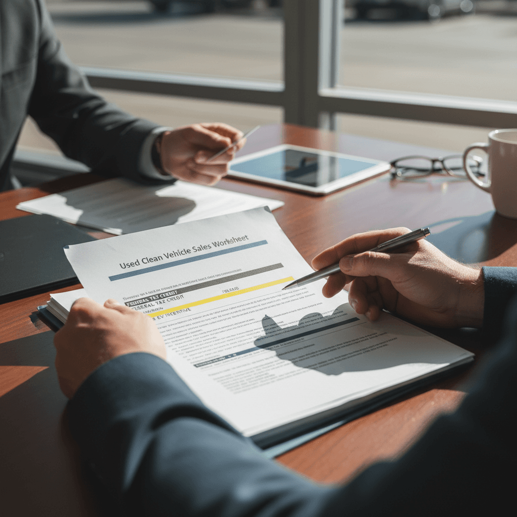 Customer signing a used EV purchase contract with a tax credit line item visible on the sales worksheet