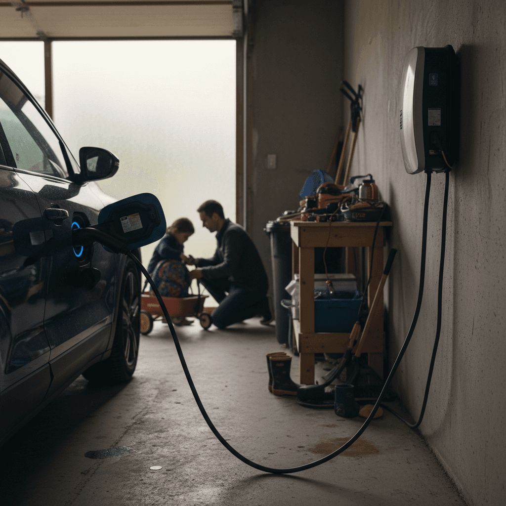 Chevy Equinox EV plugged into a public DC fast charger showing charging status on screen