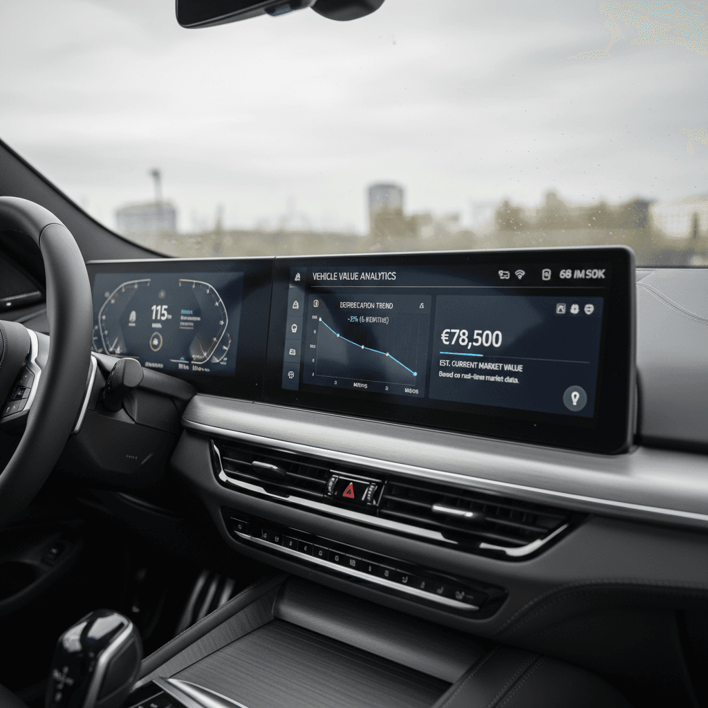 BMW i5 interior digital cluster showing range and energy usage alongside estimated vehicle value trend line visualization