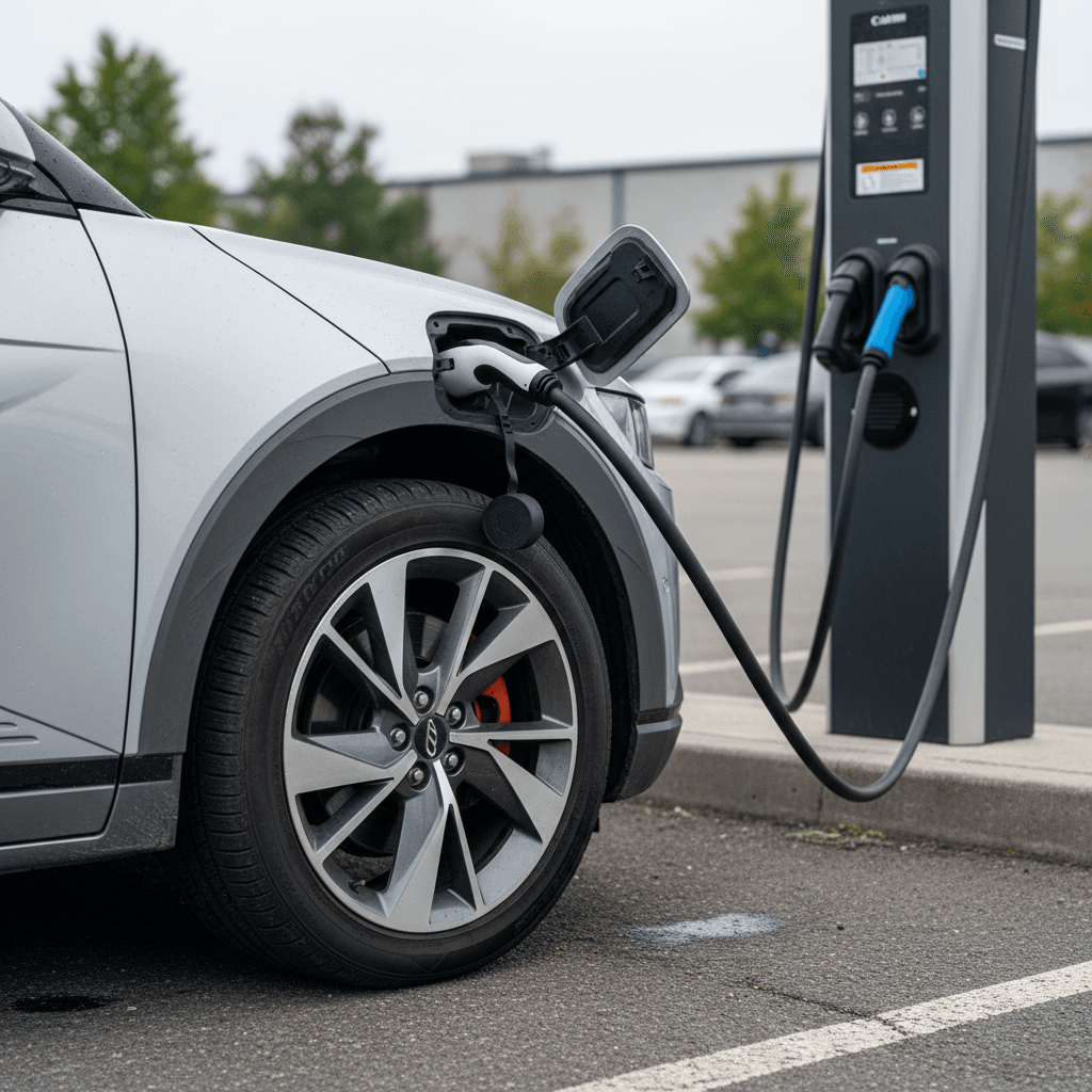 Close-up of a 2024 Hyundai IONIQ 5 plugged into a DC fast charger, showing its charge port and front wheel