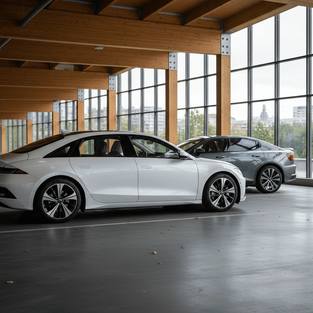 Side-by-side interiors of a Hyundai IONIQ 6 and Polestar 2 showing dashboard design and seating layout