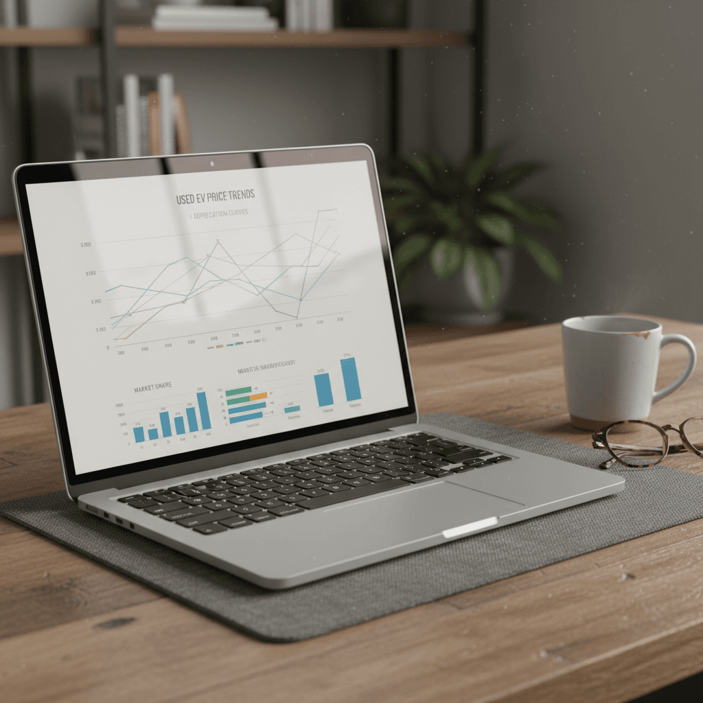Laptop with charts showing used EV price trends and a person reviewing battery health and depreciation reports