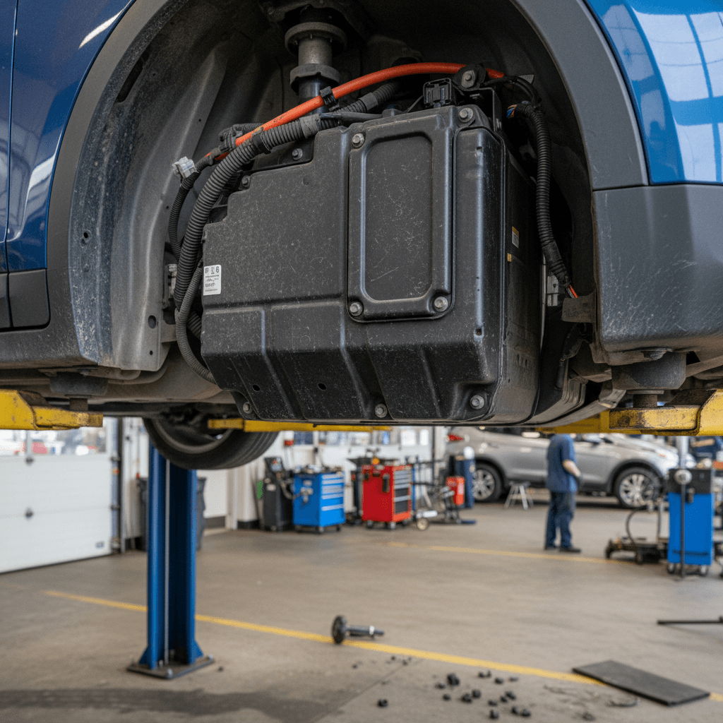 Chevy Bolt EV on service lift with technician inspecting high-voltage battery pack during recall work