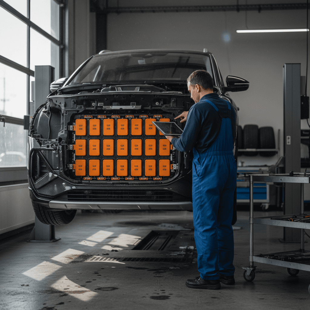 Audi Q4 e-tron high-voltage battery pack on a shop lift with a technician inspecting the modules