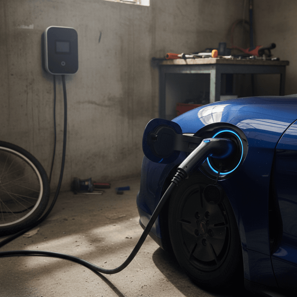 Porsche Taycan plugged into a Level 2 home wallbox charger in a modern garage